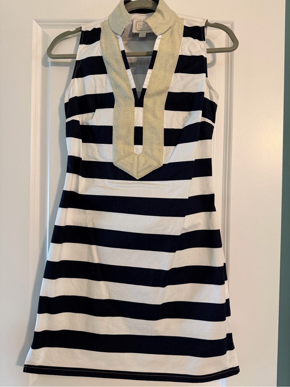 Striped Sleeveless Shift Dress with Gold Trim